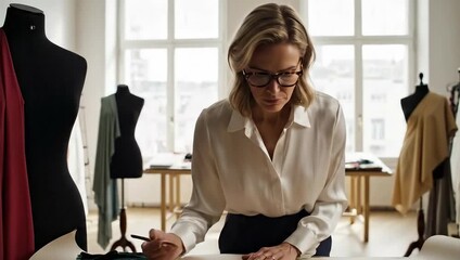 Mature Female Fashion Designer Sketching Patterns In Light Filled Studio Natural Window Light Focus On Creative Process
