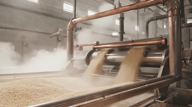 In a bustling production hall, rotating steel rollers crush barley into coarse grist. Pipes and gentle steam create a dynamic atmosphere as grains are processed for production