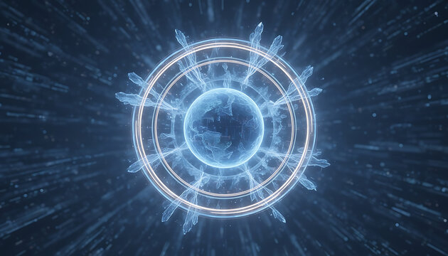 Abstract futuristic design with a glowing sphere and energy rings in a technological background concept
