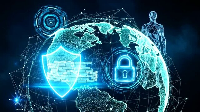 Global Data Protection and Cyber Security Concepts in Animated 3D Rendered Footage Showing - Powered by Adobe