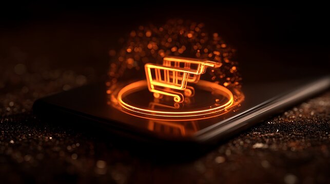 A glowing shopping cart icon emerges from a smartphone screen, symbolizing digital commerce and online shopping