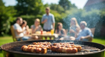 Smoke rises from sizzling sausages on a grill with a blurred family gathering in the background