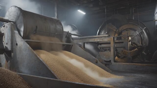 Inside a busy production hall, an industrial steel grain mill uses rotating rollers to crush barley into coarse grist. Pipes and gentle steam fill the air as grains pass through the machinery