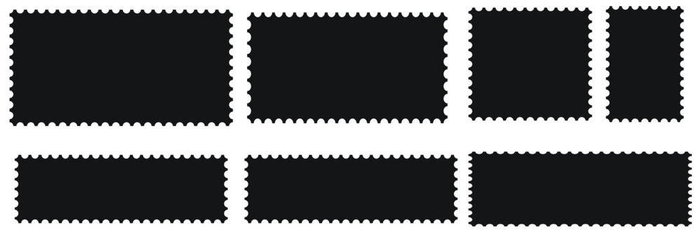 Postage stamp set. Set of blank rectangle and square Postage stamp frames. Blank postage stamp. Clean postage stamp template. Postage icon. Mockup postage stamps. Blank postage stamp borders templates