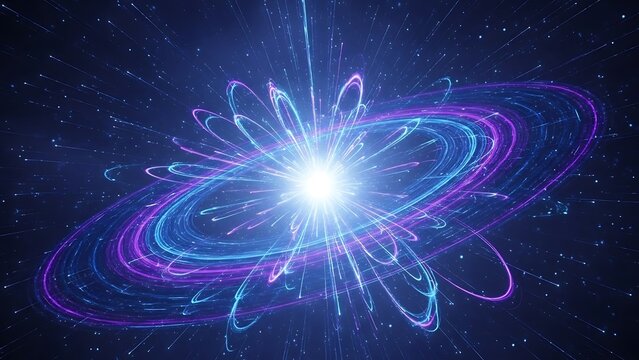 Vibrant digital illustration of a powerful atomic nucleus with swirling energy trails and light particles in deep space