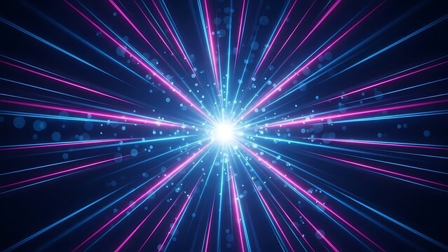 A vibrant abstract background featuring a central luminous flare with radiating lines of blue and pink light, suggesting speed and energy