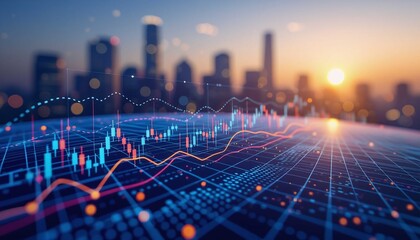 Dynamic market growth with digital technology, data analysis, global finance success