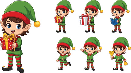 Set of Eight Cute Cartoon Christmas Elf Characters Holding Gifts, Reading Book, Waving, and Ringing Bell for Holiday Design