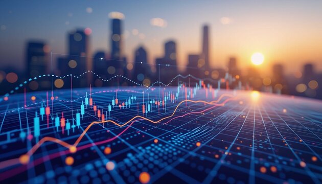 Dynamic market growth with digital technology, data analysis, global finance success