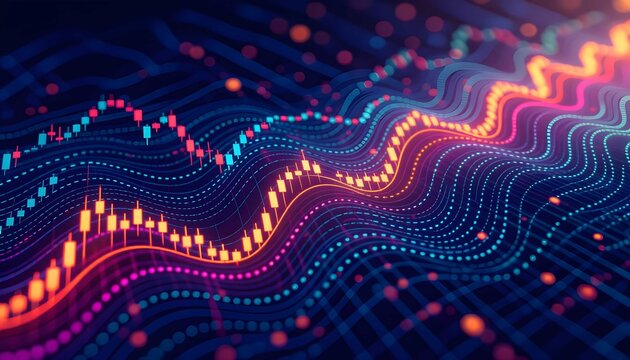 Digital financial market analysis showing neon stock data graph