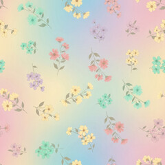 Simple, scattered seamless pattern of stylized, delicate flowers on stems, set against a soft, blended gradient background of pastel rainbow colors (pink, yellow, blue, lavender).