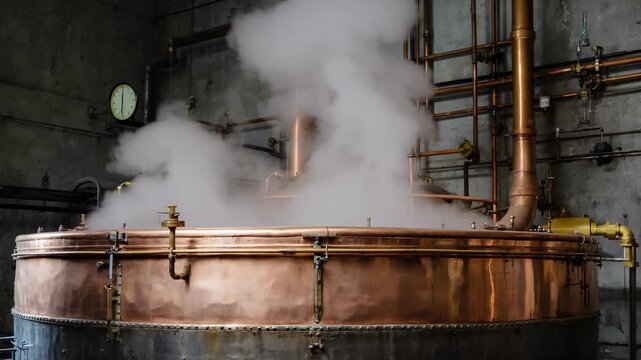 A large copper mash tun releases steam while the temperature rises slowly, creating bubbles. The distillation room features brass valves and gauges reflecting the distilling process