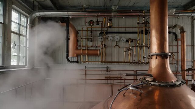 A large copper mash tun is seen with steam rising and bubbles forming as the temperature gradually increases. The distillation room features brass valves and gauges, adding to the atmosphere