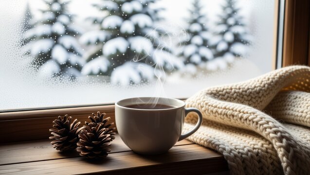 Steaming coffee cup with pinecones on snowy windowsill