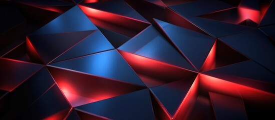 Abstract geometric background with glowing red and blue triangles creating a dynamic pattern.