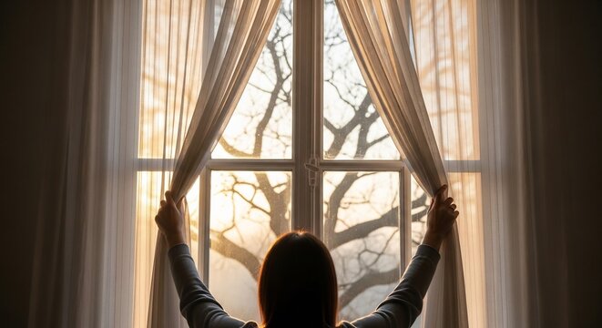 Woman Opening Curtains to Reveal Morning Light and Tree.