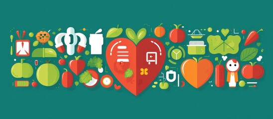 Healthy Lifestyle and Nutrition Concept with Fruits Vegetables and Heart Symbol.