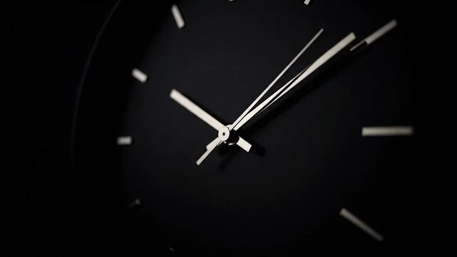 Close-up of a minimalist black clock face with silver hands against a dark background