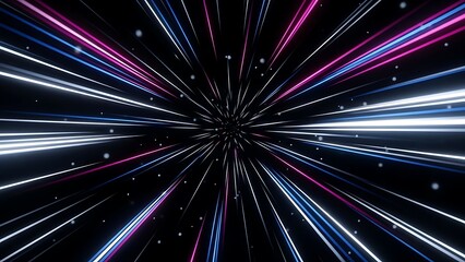 Futuristic abstract background depicting high-speed travel through a cosmic wormhole with glowing blue and pink neon light trails