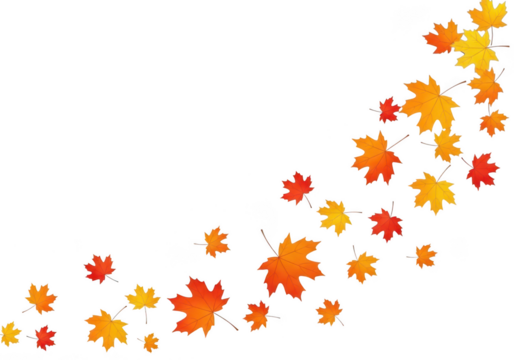 Autumn leaves falling isolated on transparent background in a gentle curve pattern
