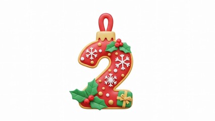 Christmas Number 2 Ornament Decorated with Snowflakes and Holly
