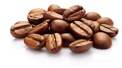 Close up of a pile of roasted coffee beans on a white background.