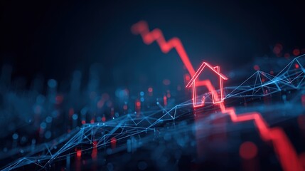A striking visual of a house icon and a downward-sloping arrow illustrates the economic concept of a housing market decline. ..Created with Generative AI, not depicting real subjects.