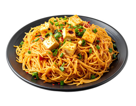 Spicy schezwan hakka noodles with paneer cubes and vegetables served on a plate, isolated on a transparent background, PNG