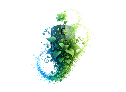 Eco Letter J with Green Foliage and Abstract Particles on White on white background