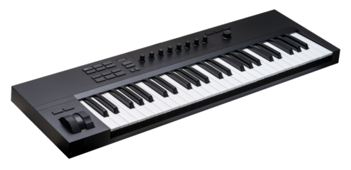 Black Synthesizer or MIDI controller keyboard is shown, featuring keys, knobs, and control buttons isolated on white background, Keyboard on White Background With clipping path PNG File.