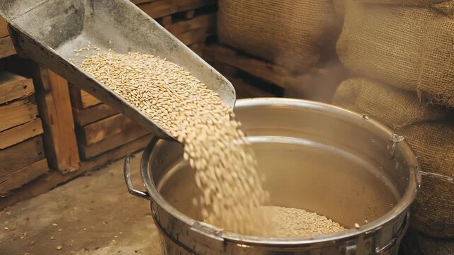 Pale malted barley grains flow from a metal scoop into a steel hopper in a cozy brewing room filled with burlap sacks and wooden pallets. This showcases the brewing process