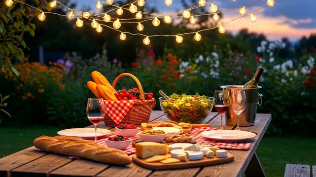 Inviting outdoor picnic scene with gourmet food wine and charming string lights atmosphere