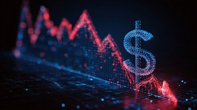 Economic turmoil visualized, with a digital dollar sign collapsing alongside a red and blue trend line. ..Created with Generative AI, not depicting real subjects.