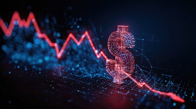 A symbolic depiction of economic decline, featuring a digital dollar symbol intertwined with a downward-trending line. ..Created with Generative AI, not depicting real subjects.