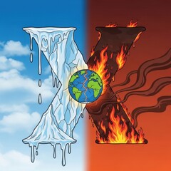 Climate Change Extremes - Ice and Fire Illustration with Earth.