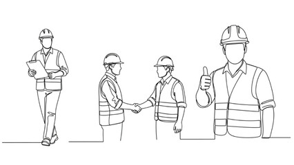 Continuous Line Construction Worker Set – Walking With Clipboard, Handshake Teamwork, Thumbs-Up Safety Illustration