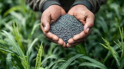 Farmers hands holding a handful of black seeds over a lush green field of crops, symbolizing agriculture and growth.