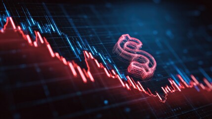 A close-up shot of a downward-trending stock chart, accompanied by a glowing dollar symbol, evoking the anxieties of a market decline. ..Created with Generative AI, not depicting real subjects.