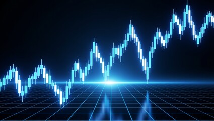 Candlestick chart on digital grid with blue glow
