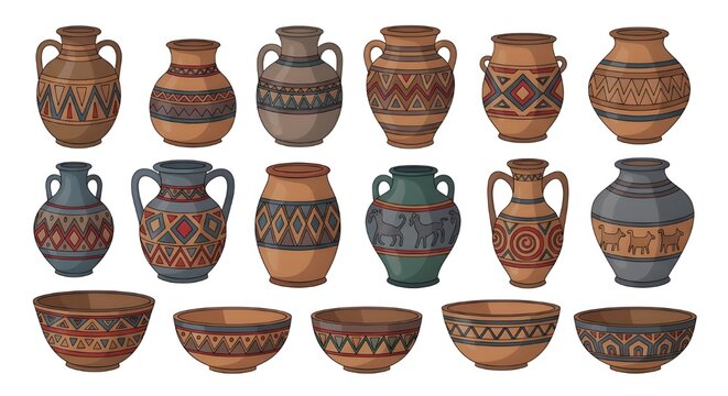 A collection of ancient ceramic pottery, including vases, jars, and bowls with traditional ethnic patterns, isolated on a white background.