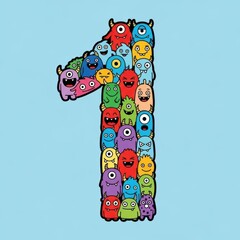 Number One Made of Colorful Cartoon Monsters Illustration.