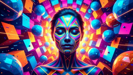 Neon geometric face with vibrant abstract shapes