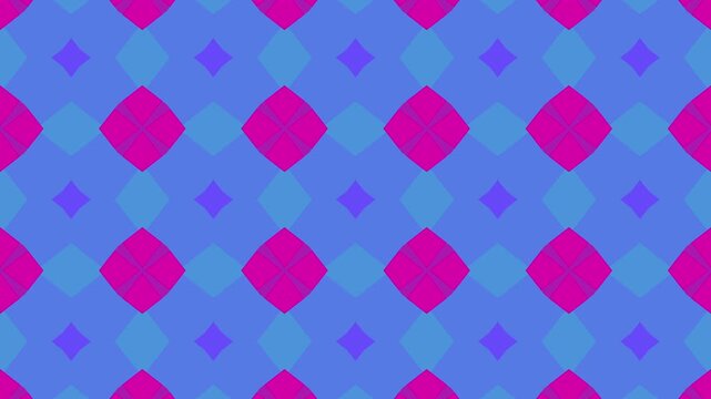 Colorful blue geometric pattern featuring pink diamond shapes and symmetrical accents.