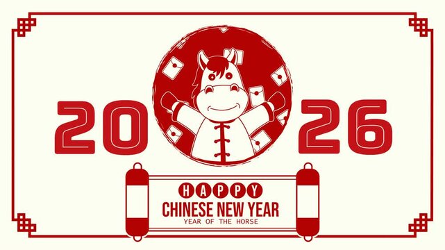 4K looping animation with a red-white minimalist style featuring a cheerful horse mascot, floating red envelopes, and bold &ldquo;2026&rdquo; typography for Chinese New Year.