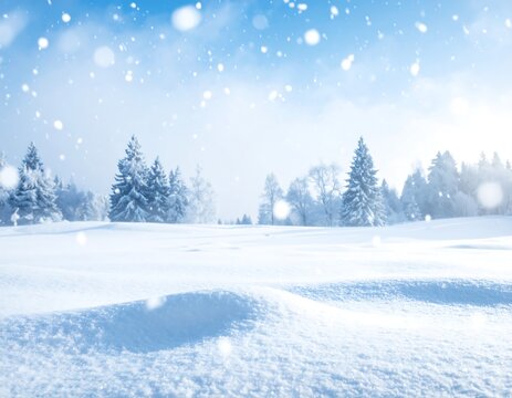 Snowy winter landscape with trees and falling snowflakes