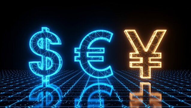 Glowing currency symbols on digital grid - Powered by Adobe