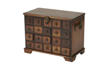 Antique wooden apothecary chest with many small drawers isolated on transparent background