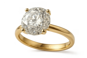 Elegant diamond solitaire engagement ring with sparkling gemstone on a gold band highlighting love and luxury, transparent background