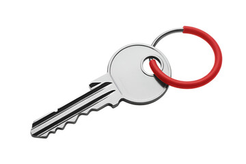 Silver house key with red ring isolated on transparent background