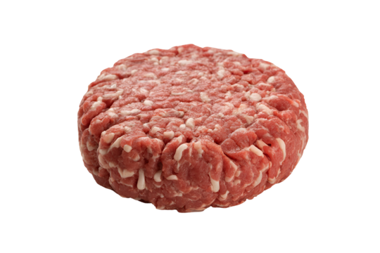 Raw ground beef patty isolated on transparent background